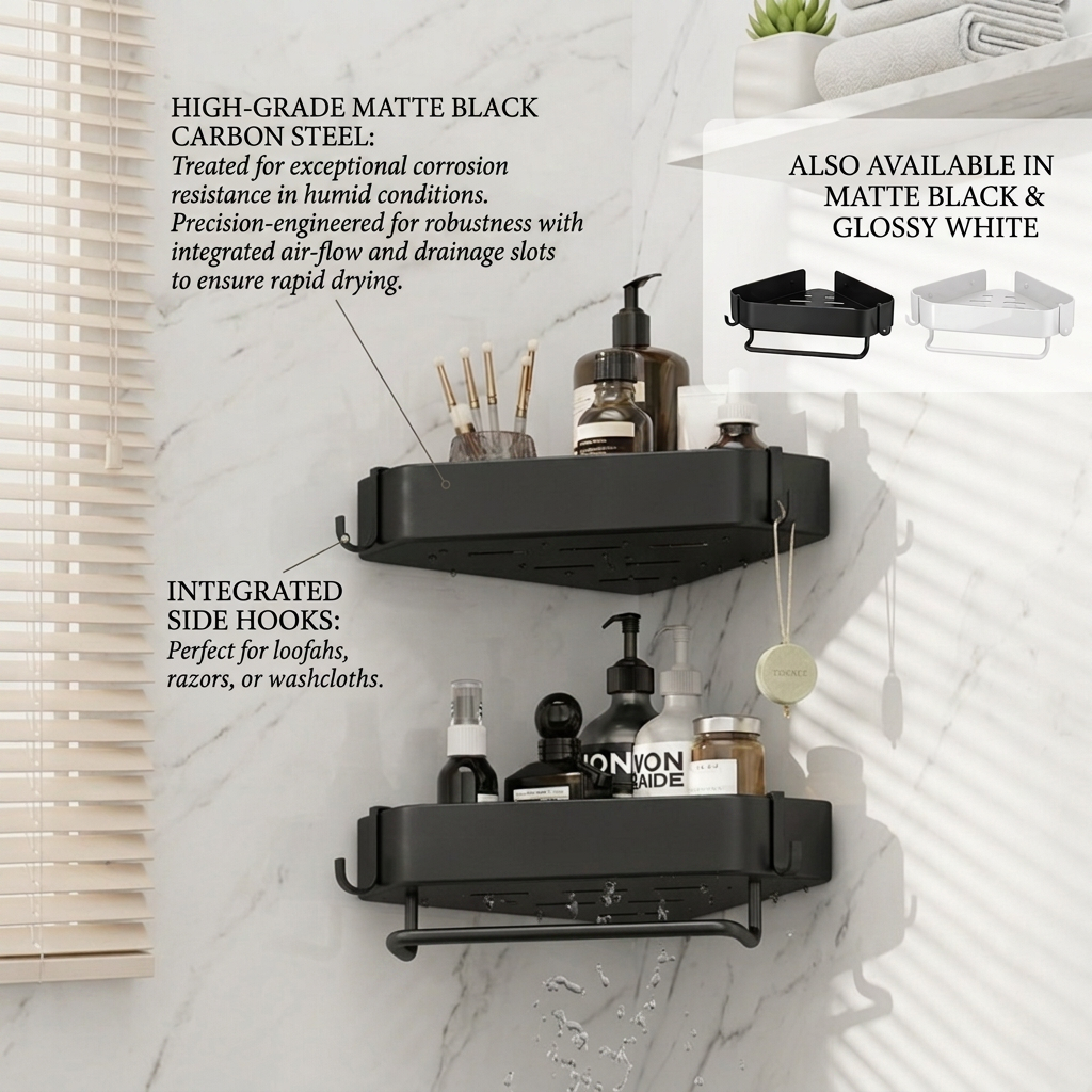 Space Saving Bathroom Corner Shower Caddy Bulk Set Wall Mounted Rustproof Triangle Storage Rack Organizer with Hooks for Hotel