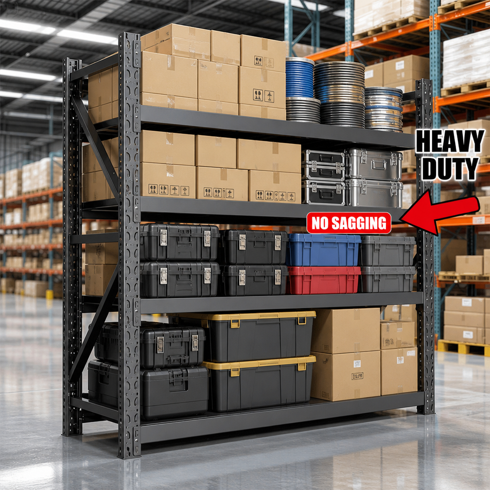 Heavy-Duty Boltless Steel Shelving Unit, 4-Tier Adjustable Warehouse Rack with Teardrop Slots Garage Industrial Storage Shelf