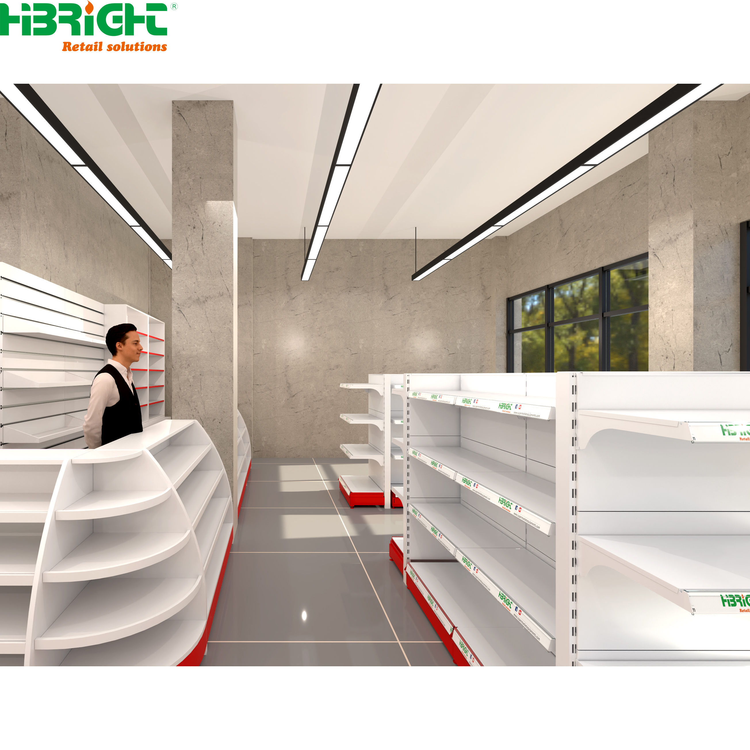 Gondola Supermarket Shelving 6-Tier Metal Heavy Duty Rack with Back Grid Shelf Floor Mount Epoxy Coated Rectangular Design