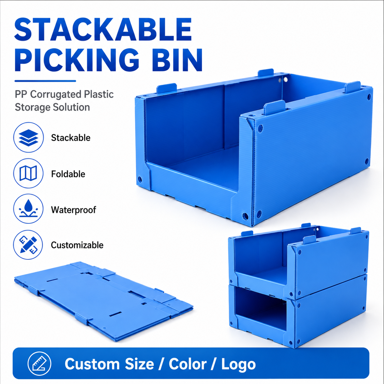 PP Corrugated Plastic Stackable Picking Bins Front Opening Warehouse Shelf Storage for Industrial Parts