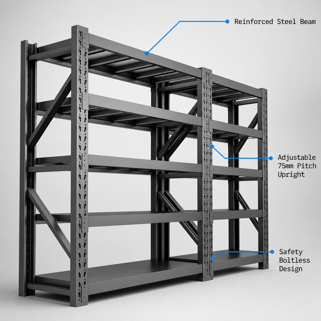 Industrial Medium Duty Longspan Shelving with Starter and Add-on Unit, Adjustable Warehouse Storage Rack for Logistics