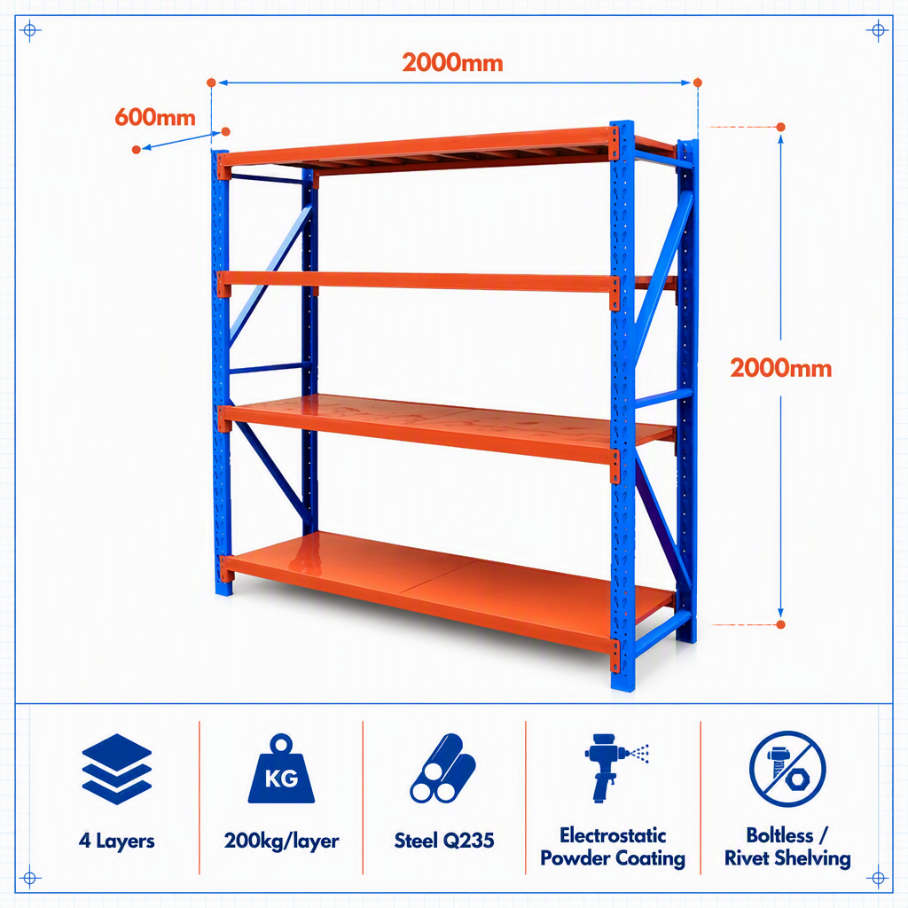 HUAWU Steel Boltless Shelving Rack 2000x600x2000mm 4-Layer 200kg Per Layer Medium Duty Industrial Storage System