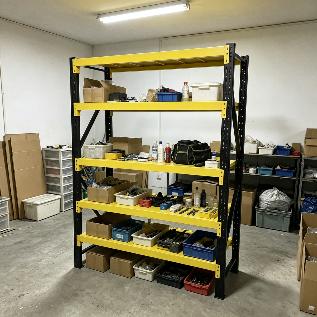 Heavy-Duty Boltless Steel Shelving Unit, 4-Tier Adjustable Warehouse Rack with Teardrop Slots Garage Industrial Storage Shelf