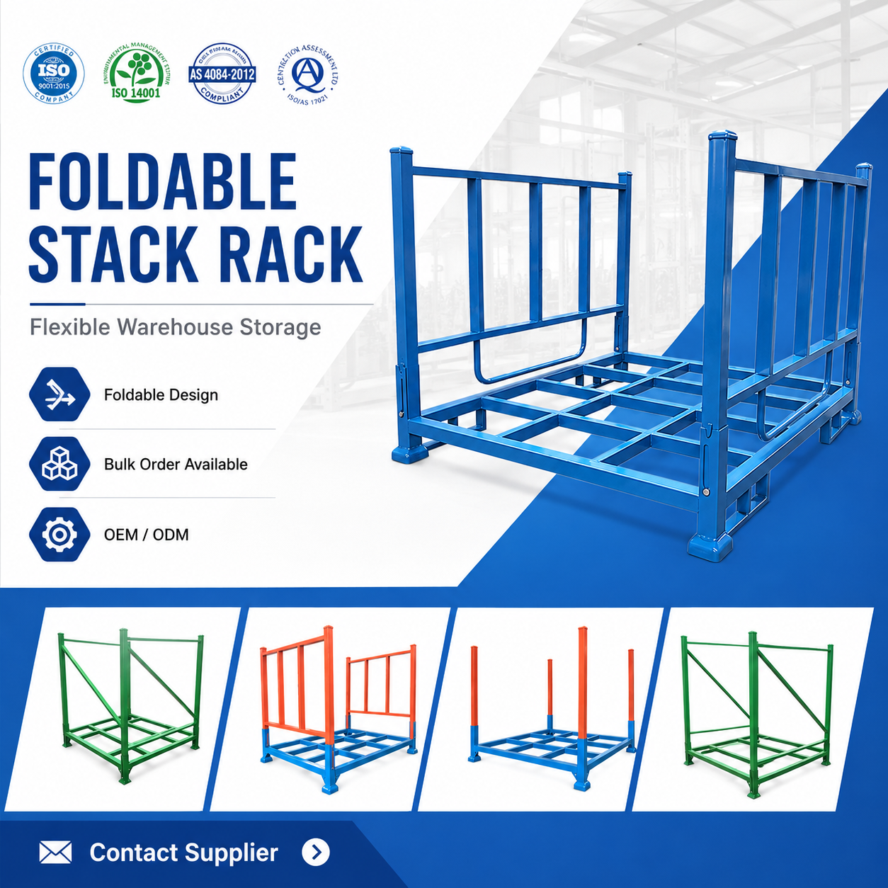 Foldable Stack Rack Heavy Duty Steel Storage Frame Stackable Warehouse Shelving Powder Coated