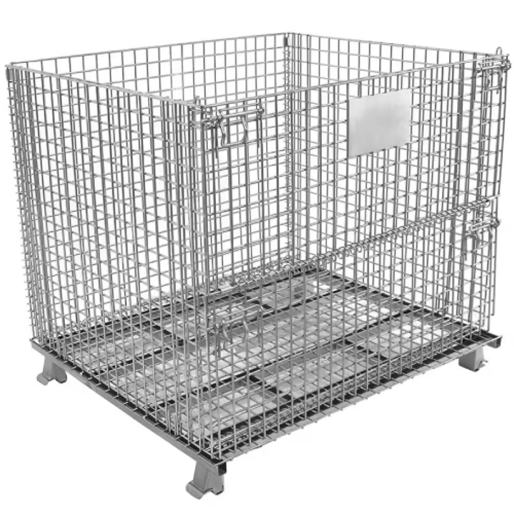 Steel Wire Mesh Cage, Heavy Duty Warehouse Storage Basket for Logistics, Foldable Metal Storage Cart for Factory