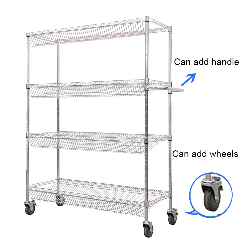 Wholesale Light Duty Display Rack Adjustable 4-5 Layers Warehouse Picking Cart Wire Shelving Glass Shelf Wheels for Raw