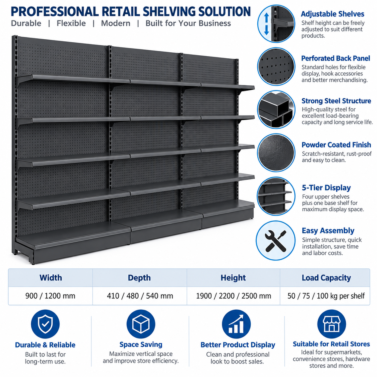 Gondola Shelving Supermarket Display Rack Heavy Duty Single Sided Retail Store Grocery Shop Metal Wall Shelving Unit Adjustable