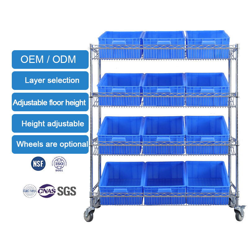 Wholesale Light Duty Display Rack Adjustable 4-5 Layers Warehouse Picking Cart Wire Shelving Glass Shelf Wheels for Raw