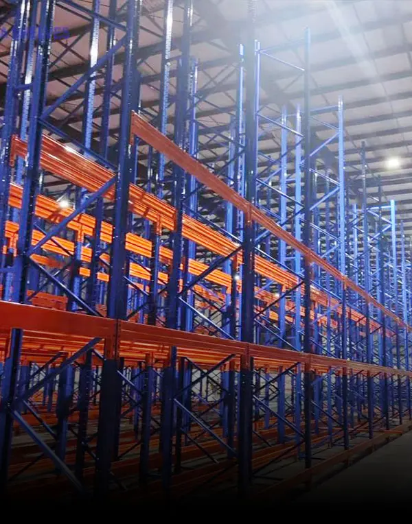 Heavy duty push back racking system for distribution logistics hub