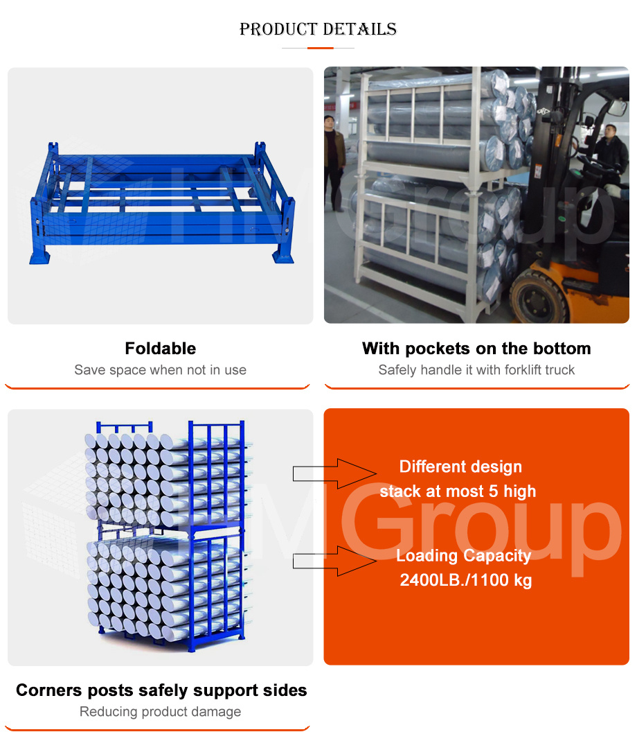 Foldable Durable Metal Steel Powder Coated Warehouse Storage Detachable Heavy Duty Roll Fabric Pallet Stacking Rack
