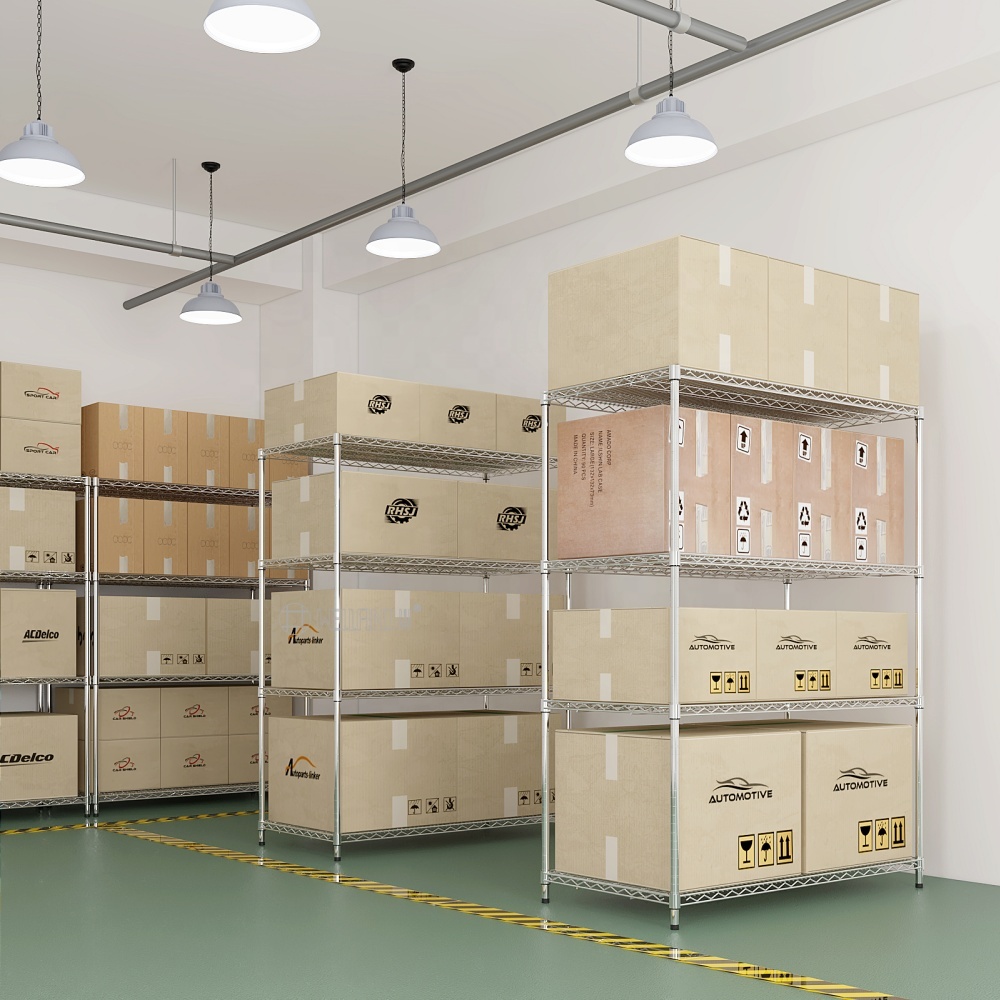 Versatility 4 Tiers NSF Approval Chrome Plated Racking Solid Steel Wire Shelving Storage System for Garage Warehouse