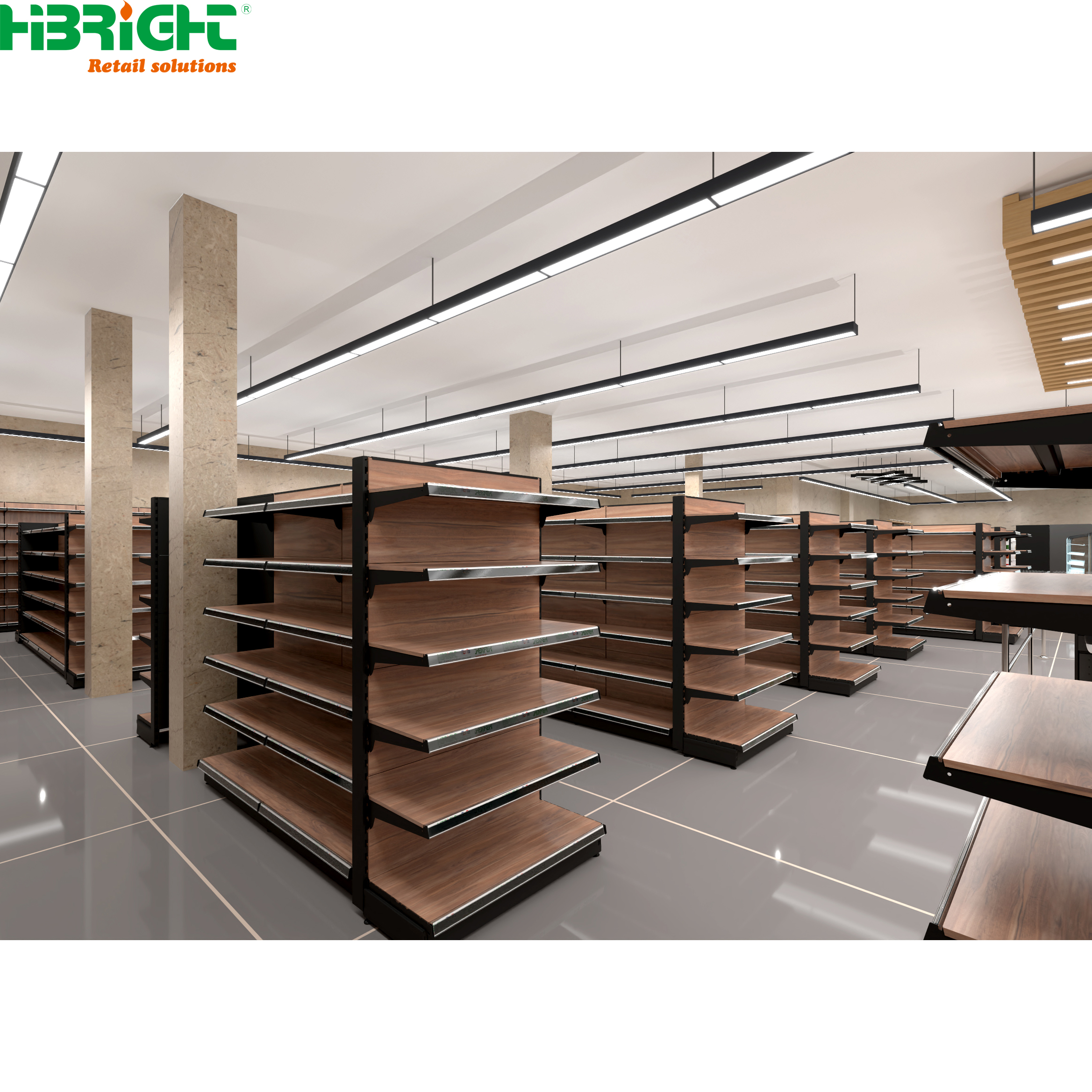 Gondola Supermarket Shelving 6-Tier Metal Heavy Duty Rack with Back Grid Shelf Floor Mount Epoxy Coated Rectangular Design