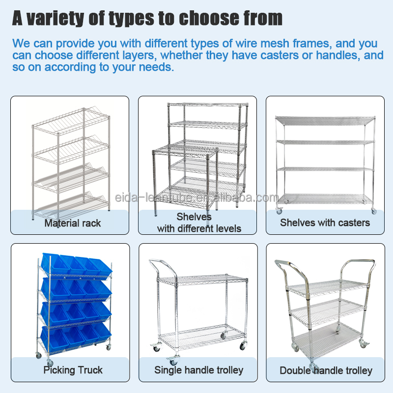 Wholesale Light Duty Display Rack Adjustable 4-5 Layers Warehouse Picking Cart Wire Shelving Glass Shelf Wheels for Raw