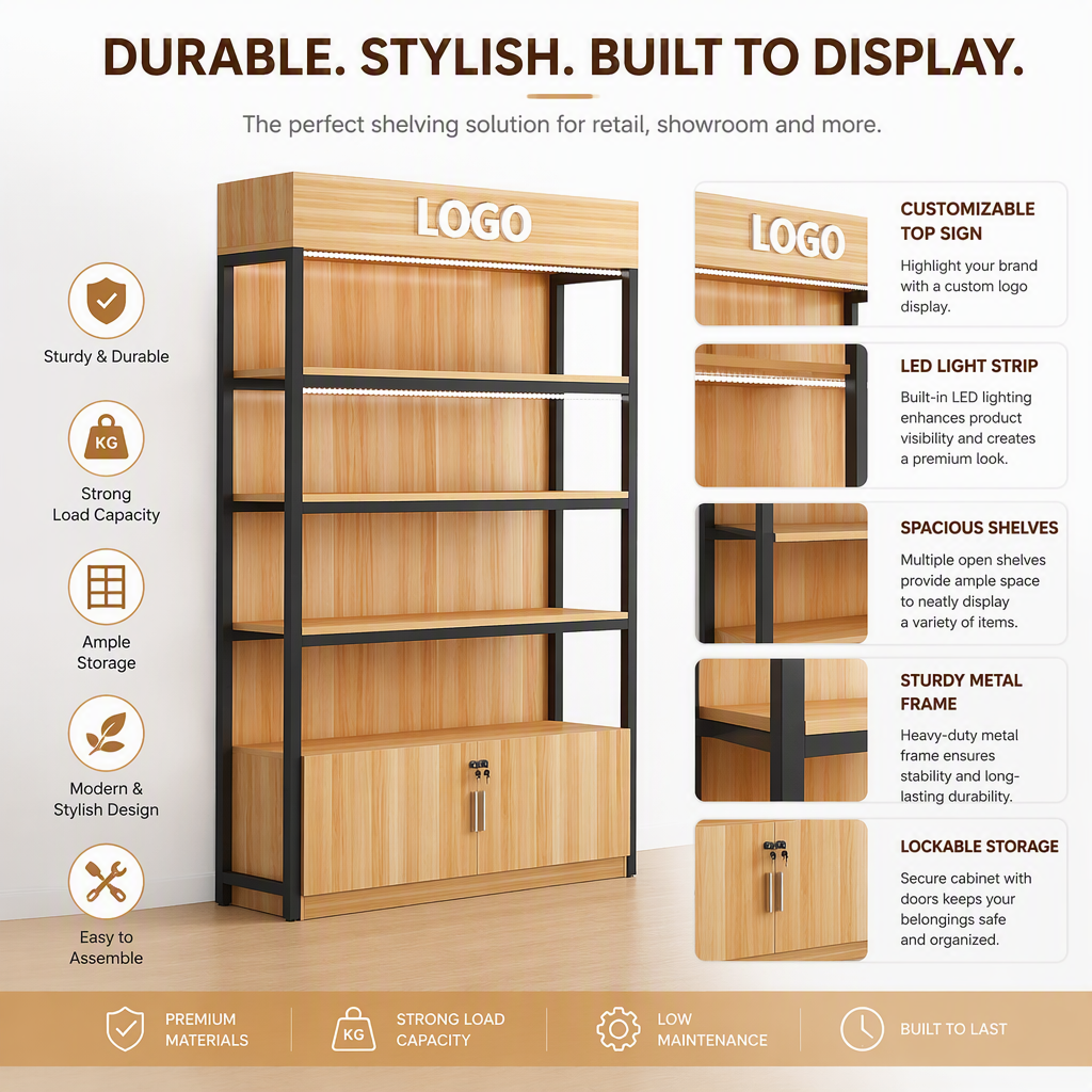 Customized Wooden Gondola Supermarket Shelf Single Sided Display Rack Pharmacy Convenience Store Display Rack