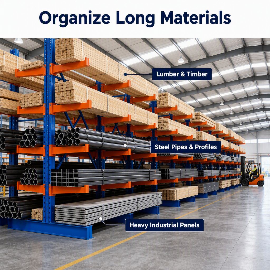 Large Span Safe Reliable OEM Custom Cantilever Rack for Industrial Warehouse Lumber Plastic Profile Long Steel Tube Organizing