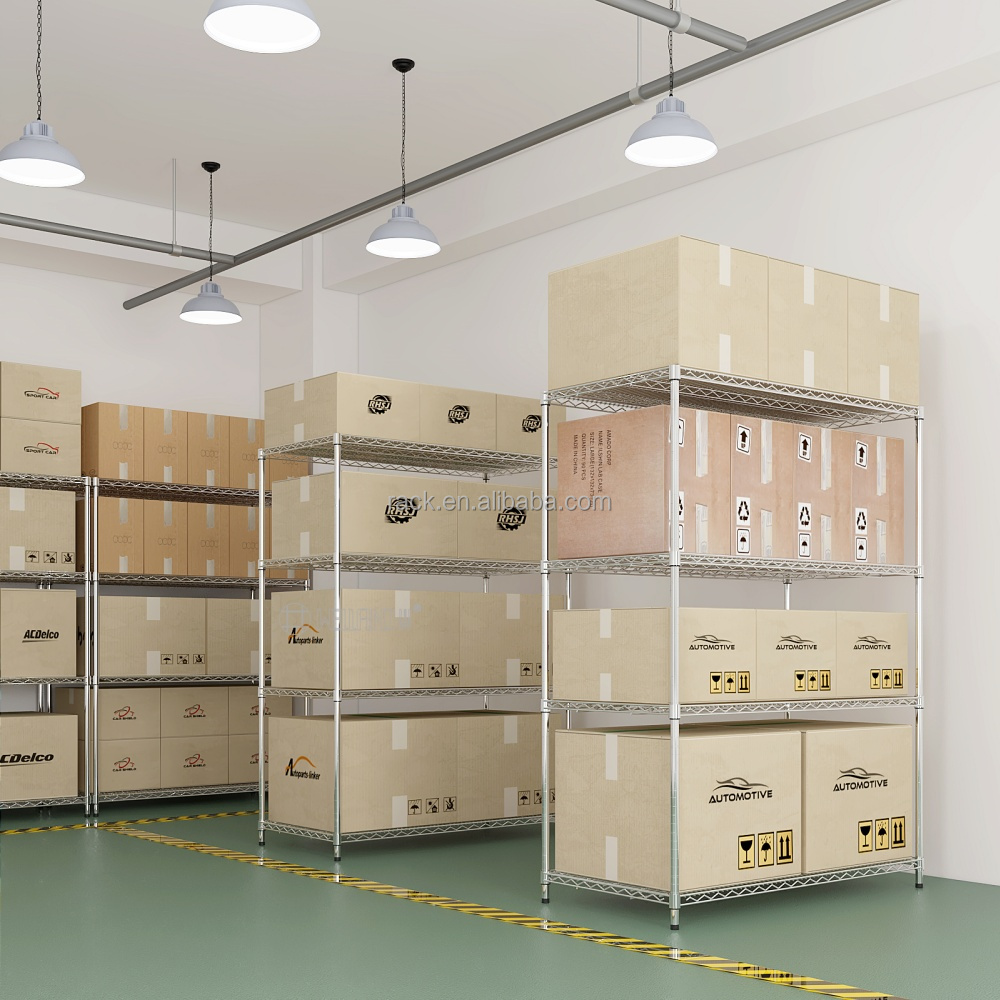 Versatility 4 Tiers NSF Approval Chrome Plated Racking Solid Steel Wire Shelving Storage System for Garage Warehouse