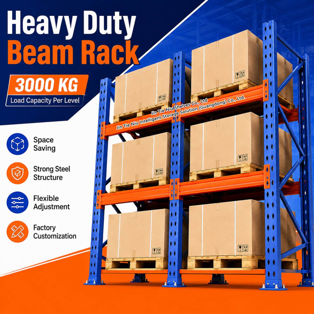 3 Beam Levels 3000KG Cold Rolled Steel Powder Coated High Bay Heavy Duty Pallet Rack System for Logistics Warehouse