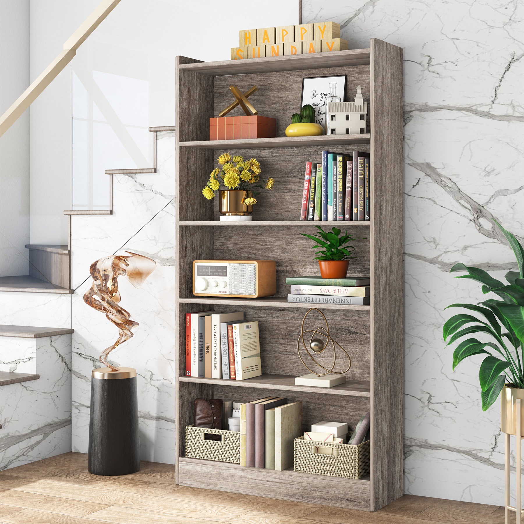 Industrial Modern Large Open Bookshelf 72 Inch Tall Wood Display Shelving Unit for School Bedroom Warehouse Home