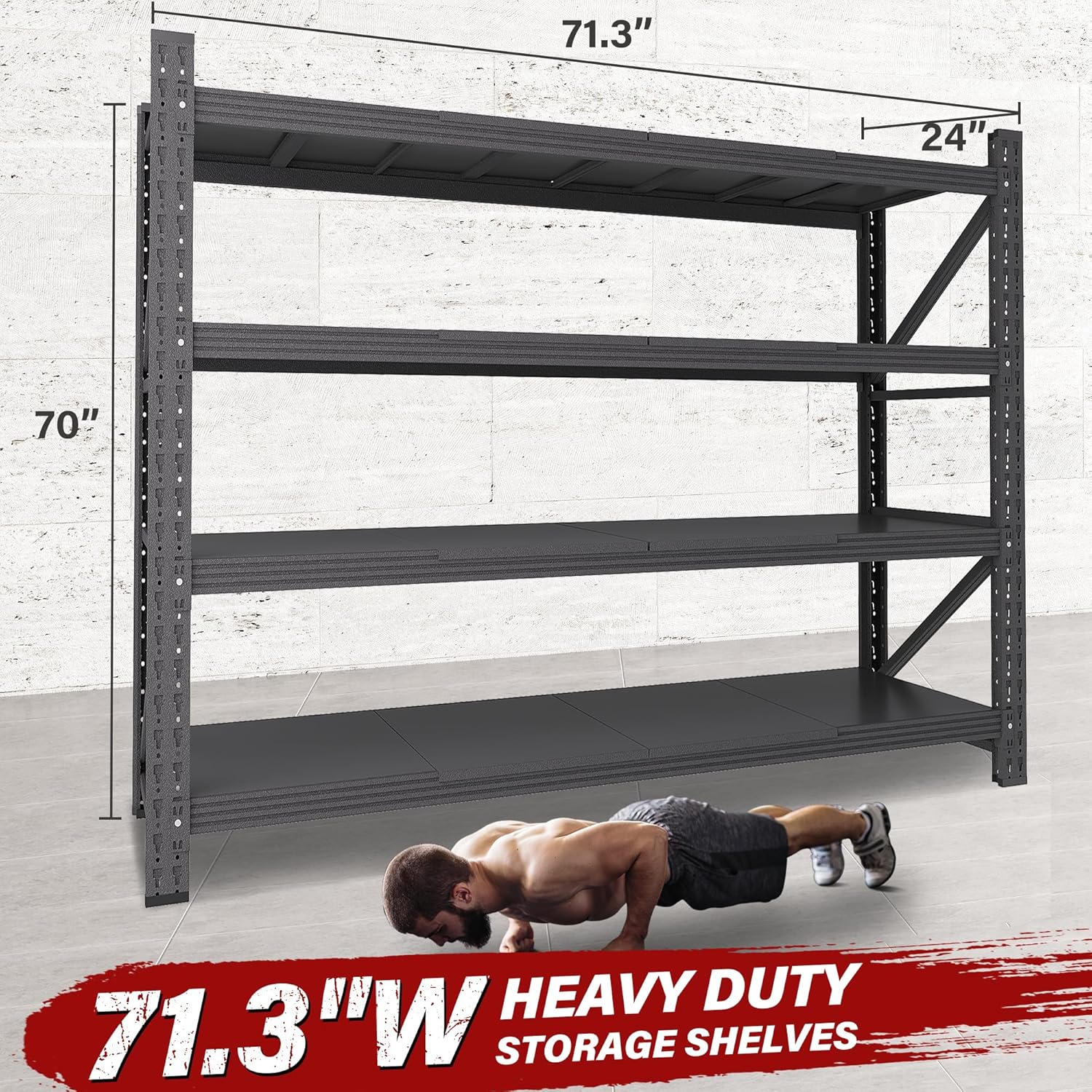 71.3" Wide Heavy Duty Adjustable Expandable Garage Shelving Units 1100LBS Capacity Black Powder Coated Steel Shelves Free Rack