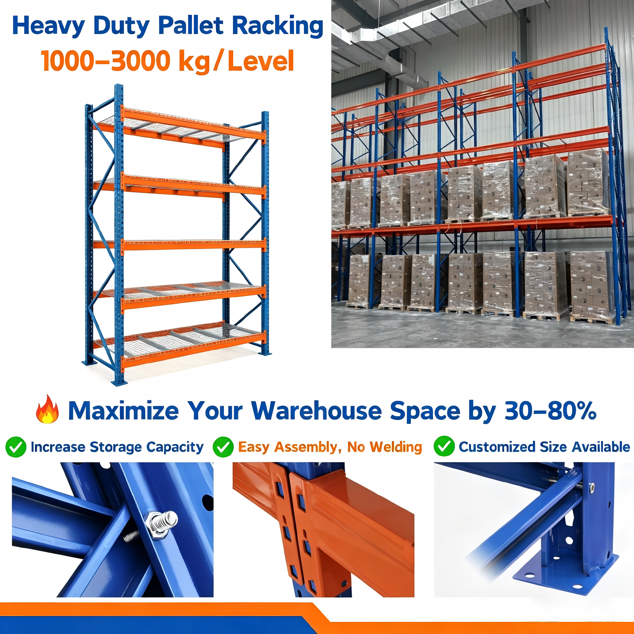 High Bearing Heavy Duty Steel Industrial Pallet Racking System 4 Layer Shelves Unit Narrow Aisle Rack for Warehouse Storage