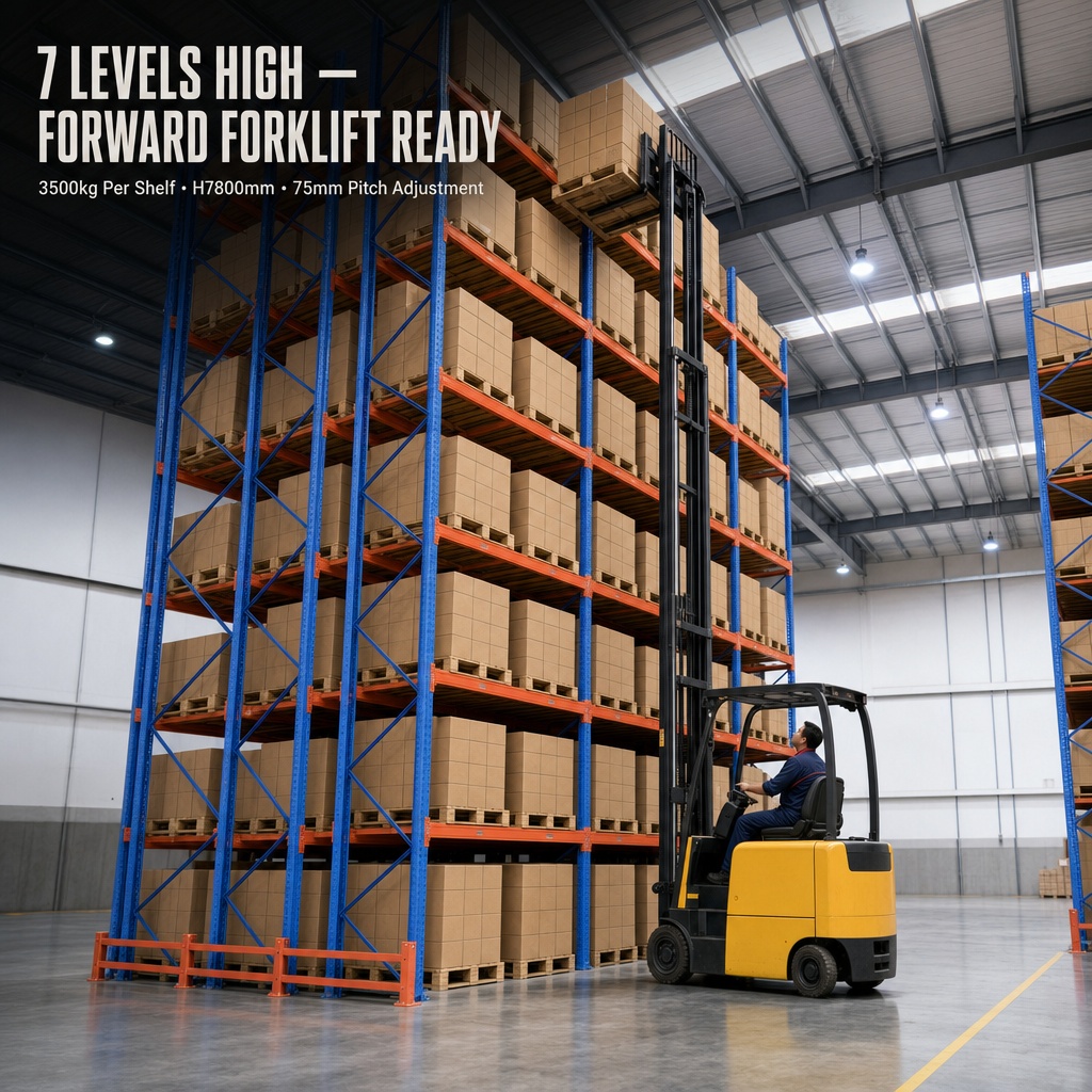 High Bay Pallet Rack System 3500kg Load 7 Levels H7800mm Adjustable 75mm Pitch Forklift Access Warehouse Racking