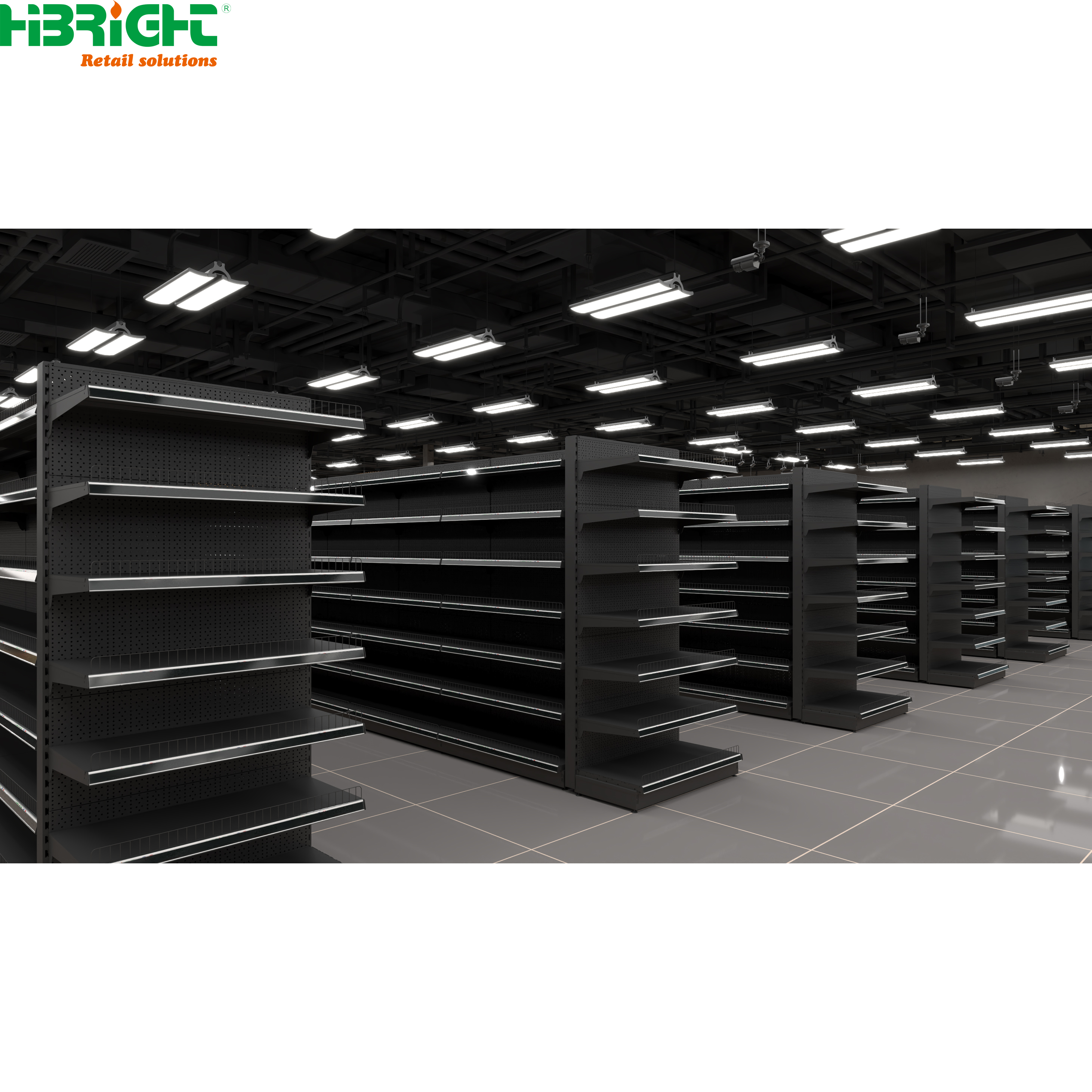 Gondola Supermarket Shelving 6-Tier Metal Heavy Duty Rack with Back Grid Shelf Floor Mount Epoxy Coated Rectangular Design