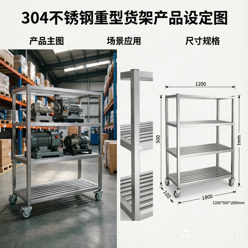 Heavy Duty SUS304 Stainless Steel Shelving, Movable Storage Rack with Casters, Custom Length Width Height Acceptable