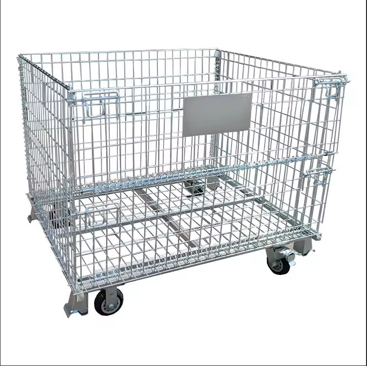 Steel Wire Mesh Cage, Heavy Duty Warehouse Storage Basket for Logistics, Foldable Metal Storage Cart for Factory
