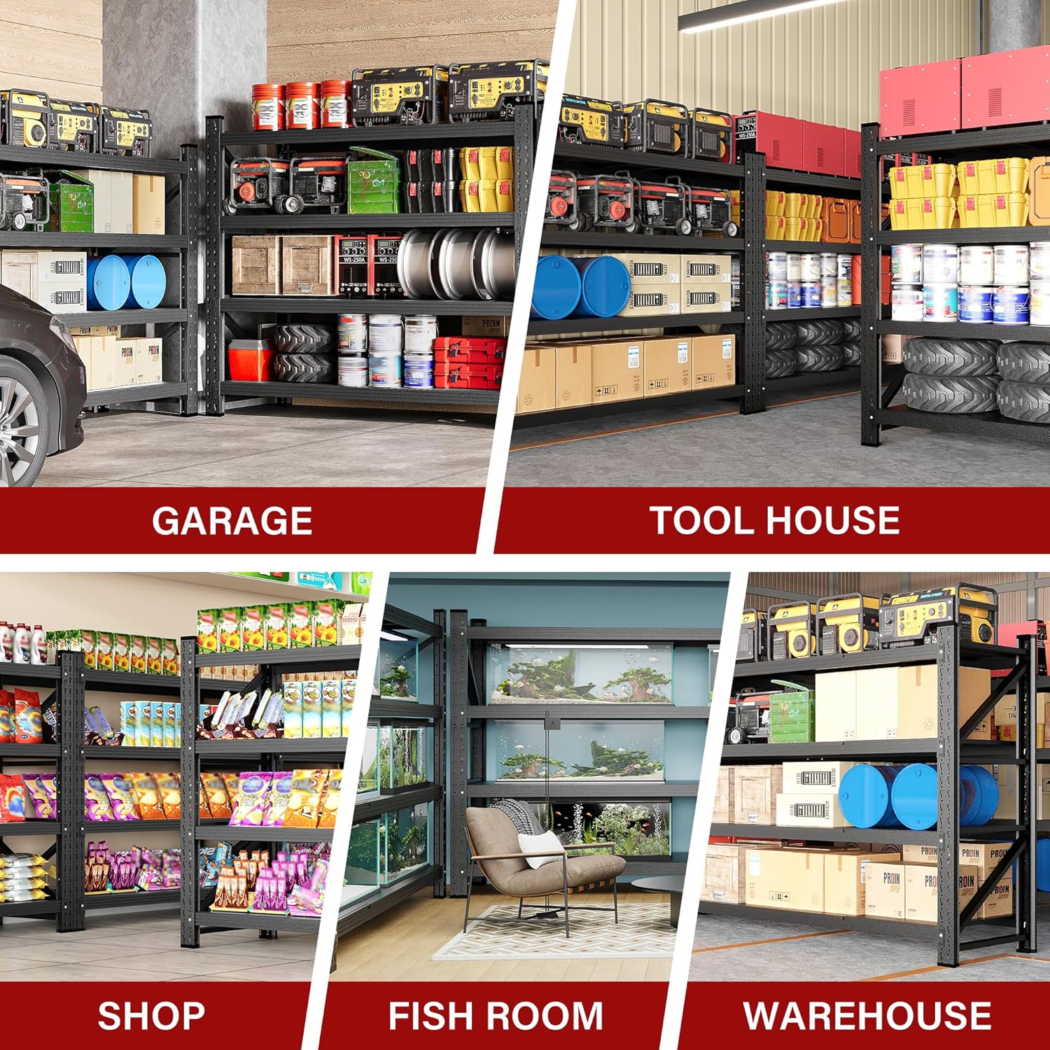 71.3" Wide Heavy Duty Adjustable Expandable Garage Shelving Units 1100LBS Capacity Black Powder Coated Steel Shelves Free Rack