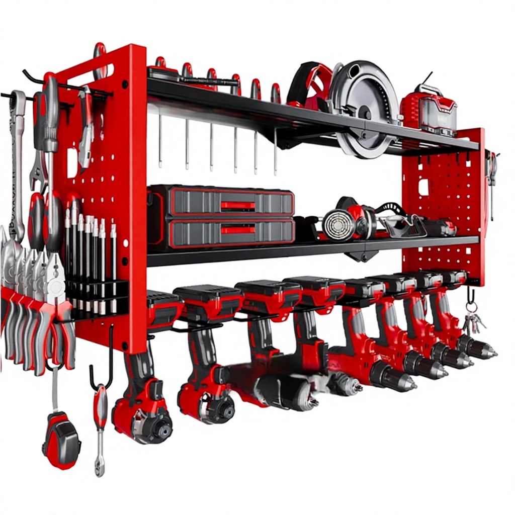 Cross-border Wall-mounted Wrought-iron Heavy-duty Power Tool Rack Garage Storage Shelf Cordless Drill Organizer 3-shelf Screw-in