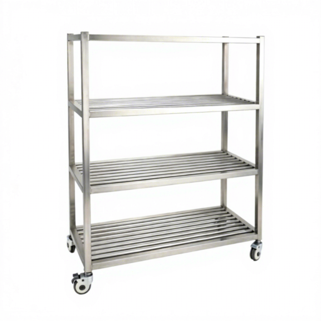 Wholesale Heavy-Duty Stainless Steel Movable Storage Trolley Rack 4-Tier Hollow Slat Shelves Brake Casters 500kg/m Load