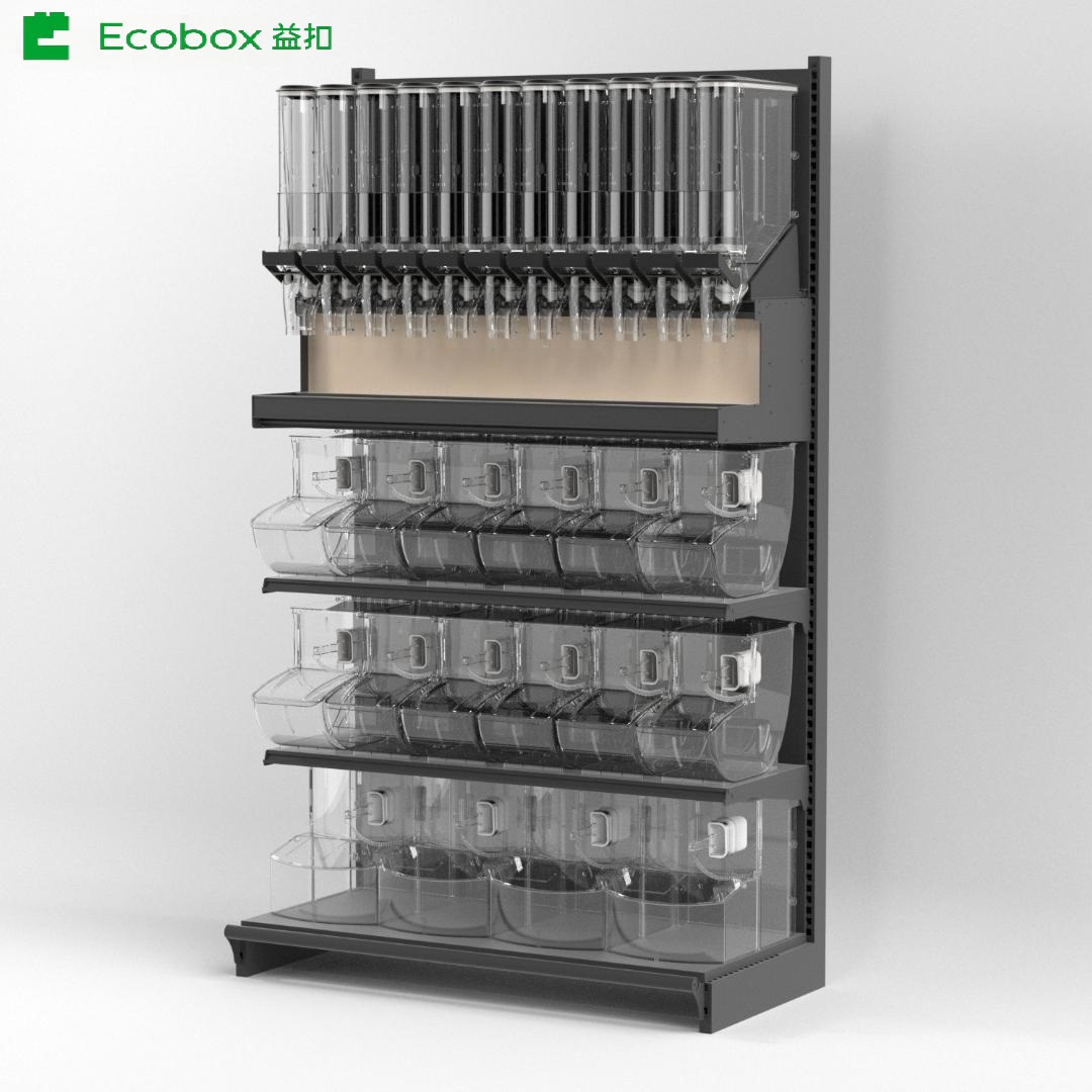 Ecobox Matching Iron Display Rack with Bulk Food Bins Gravity Bins for Supermarket Stand Display