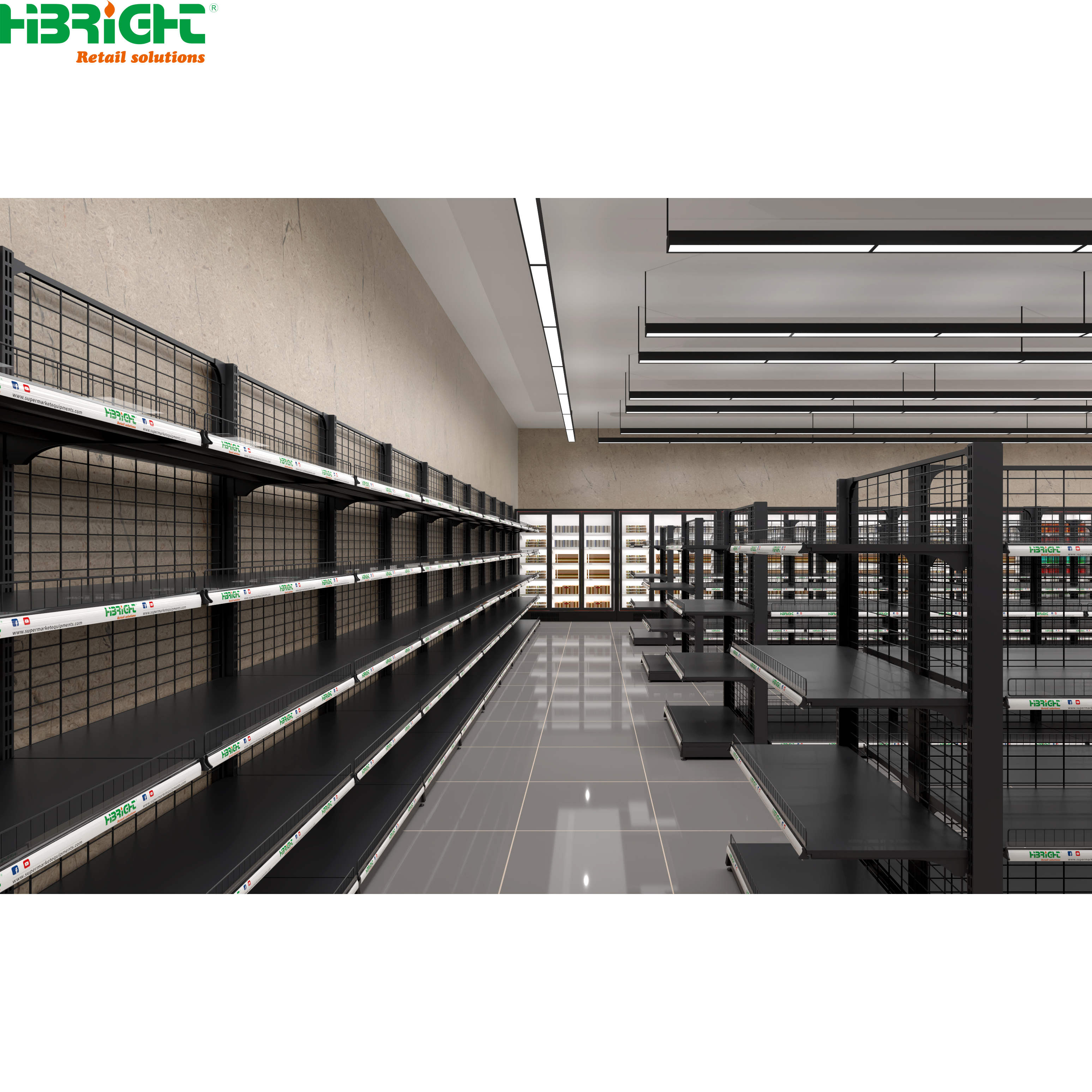 Gondola Supermarket Shelving 6-Tier Metal Heavy Duty Rack with Back Grid Shelf Floor Mount Epoxy Coated Rectangular Design