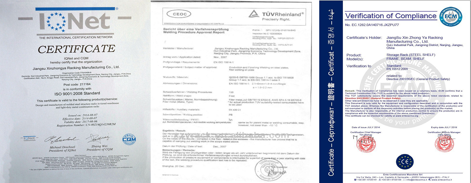 Xinzhongya Racking Systems Certifications