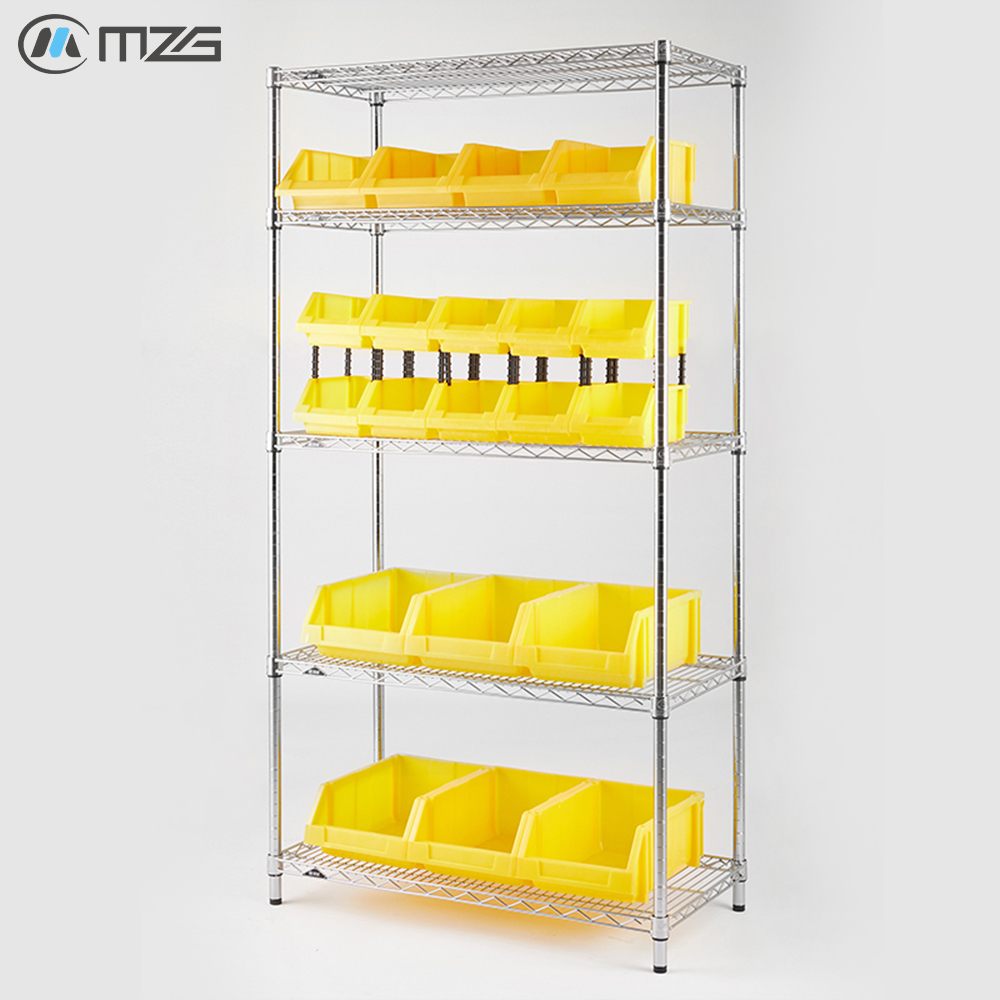 MZG Bulk Heavy Duty Warehouse Garage Industrial Chrome Multi-Layer Metal Wire Shelving with Storage Bin